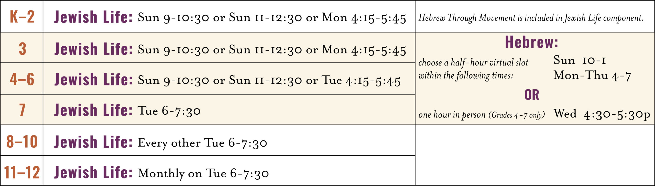 Kesher 22-23 Schedule