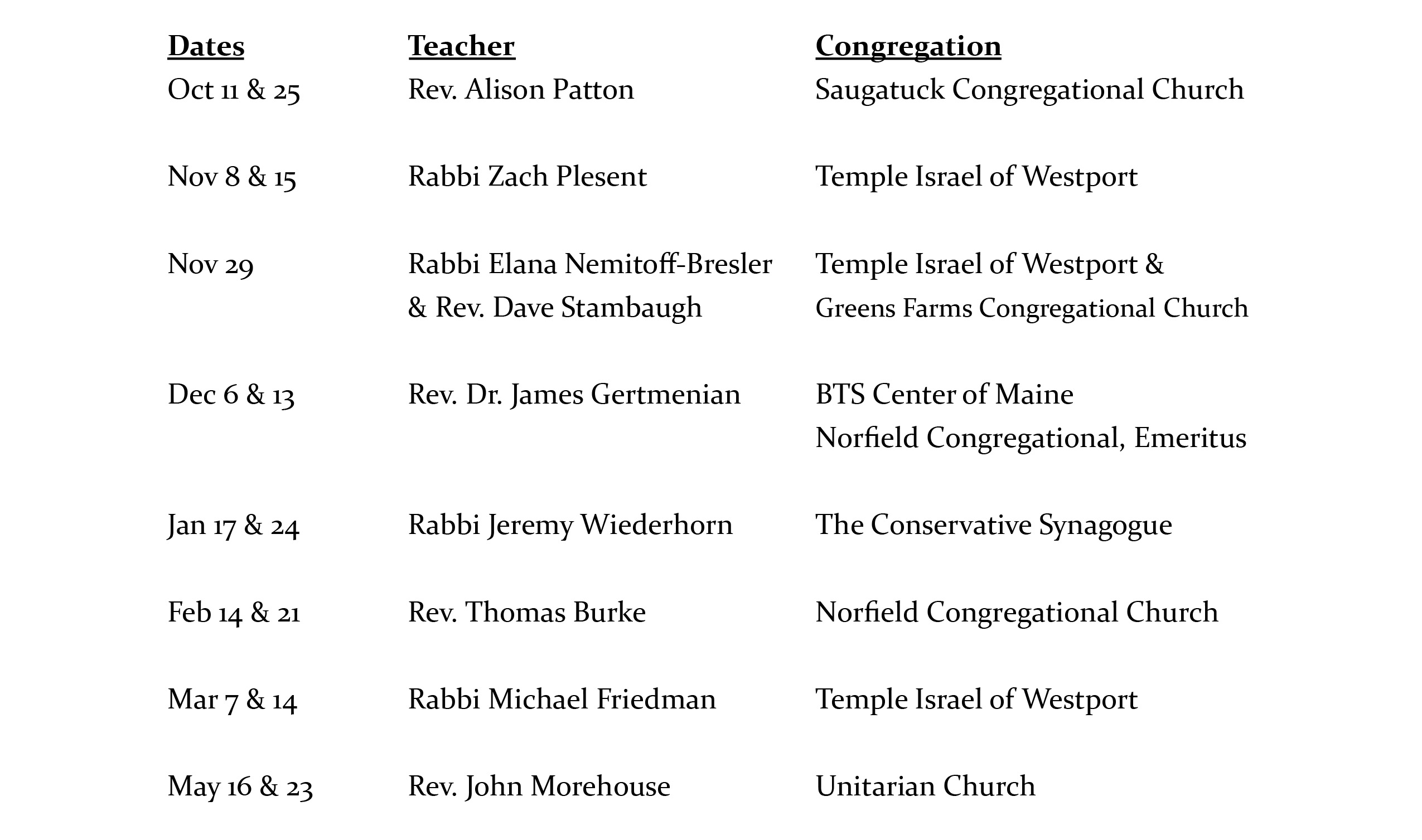 Interfaith Theology Schedule for 22-23
